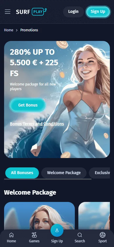 Surfplay Casino mobile promotions area with available rewards