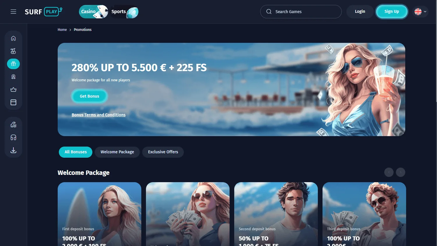 Surfplay Casino desktop promotions area with bonus and reward offers