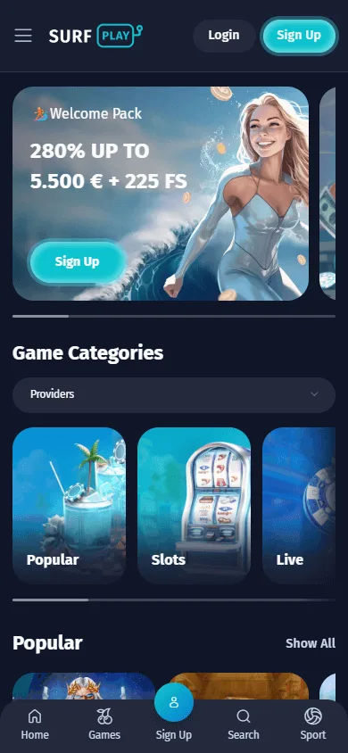 Surfplay Casino mobile home screen in a browser
