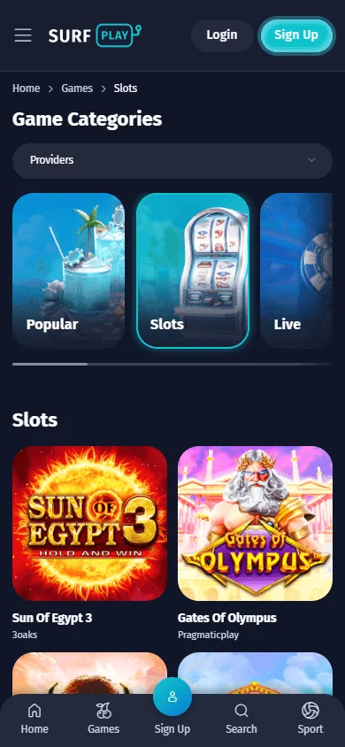 Surfplay Casino mobile games area with casino titles