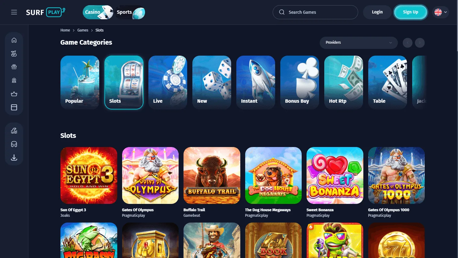 Surfplay Casino desktop games area with casino categories and titles